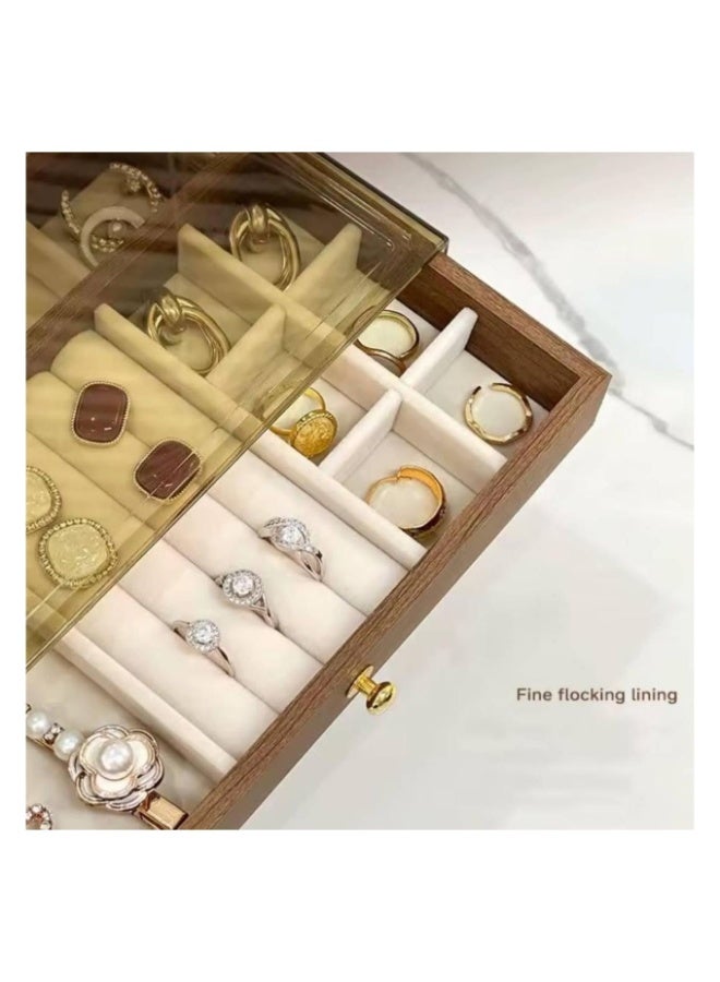 صندوق تخزين مجوهرات فاخر وواسع بثلاثة أدراج مع أدوات ذهبية - هيكل أنيق من خشب الخوخ البني العميق، قابل للتكديس مع أدراج متعددة، وأدراج مبطنة بمقلمة ناعمة، ورف عرض علوي للقلائد والأقراط والأساور - Image 4